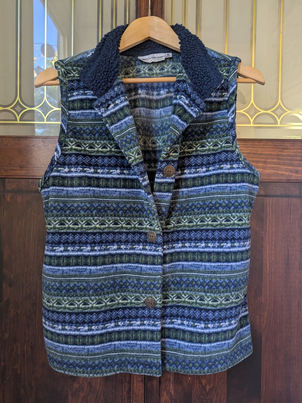 Blue & Green Patterned Striped Fleece Button Vest